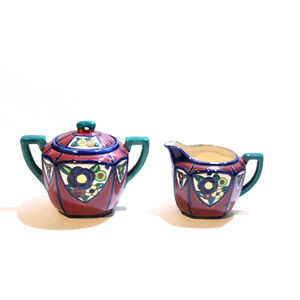 Vintage Maruhon Ware Japan Colorful Glaze Covered Sugar & Creamer Raised Floral